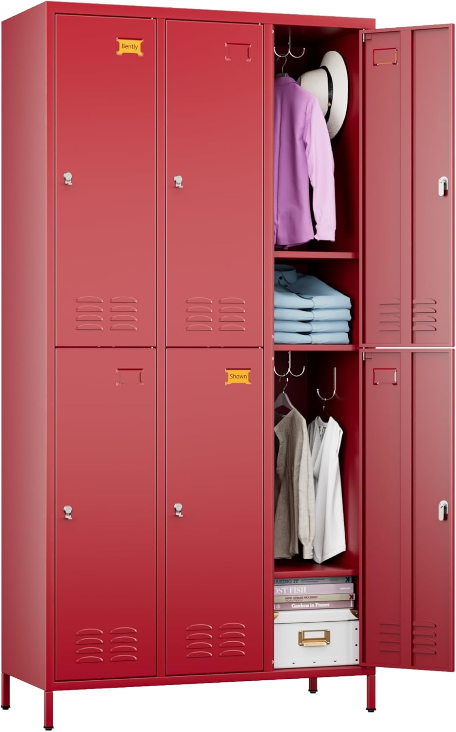 6 Doors Metal Storage Lockers for Employees with 18 Hooks,72" H Employee Lockers with Business Card Holder for Offices School Gyms Home,Assembly Required,Red