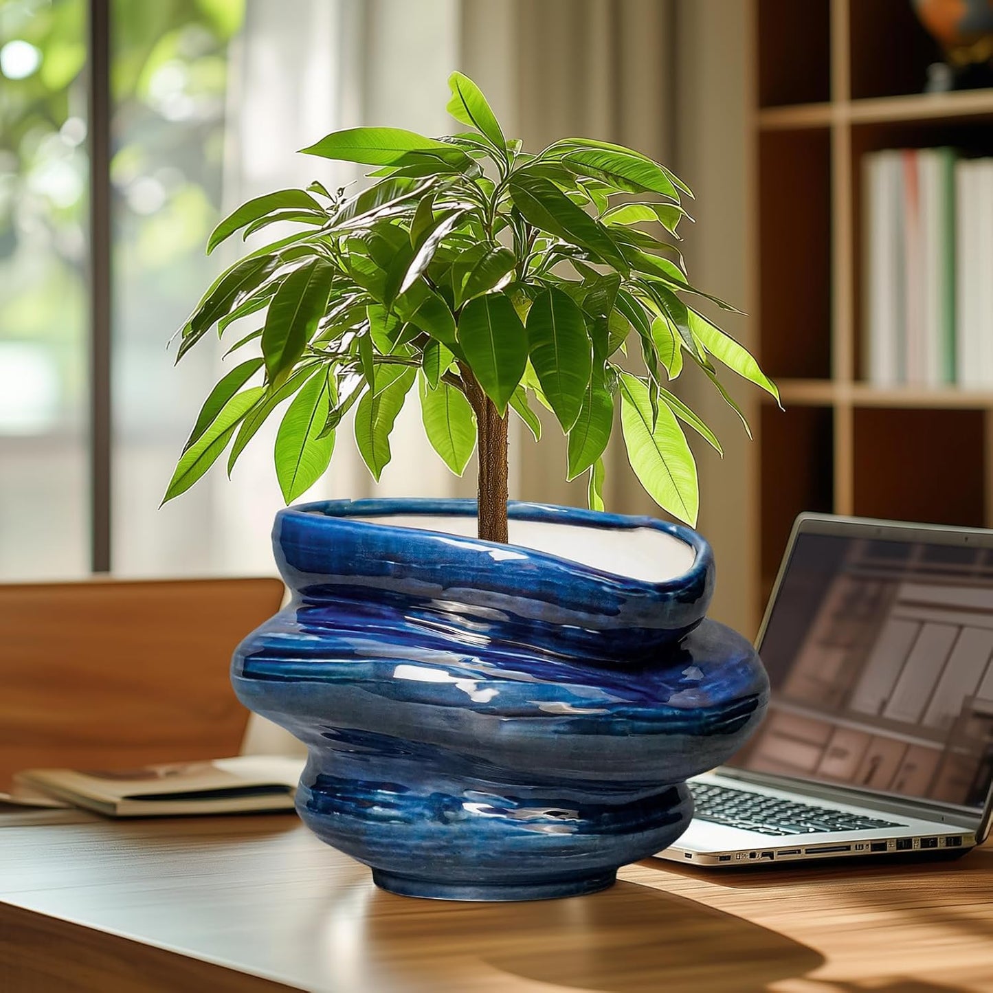 Ceramic Pots for Plants - 11 Inch Ceramic Planter with Drainage Hole, Decorative Planters for Indoor Outdoor, Unique Flower Pots, Garden Office House Decor, Birthday Housewarming Gifts, Blue