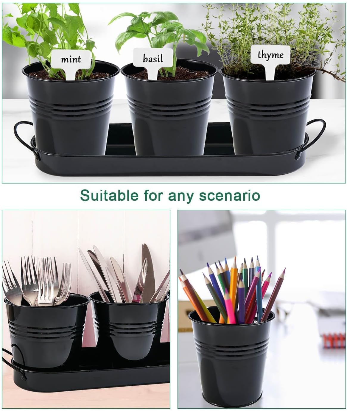 vensovo Indoor Herb Planter Set - Galvanized Windowsill Garden Pots with Tray & Drainage, Set of 3 Metal Window Planters for Kitchen & Outdoor Use, Black