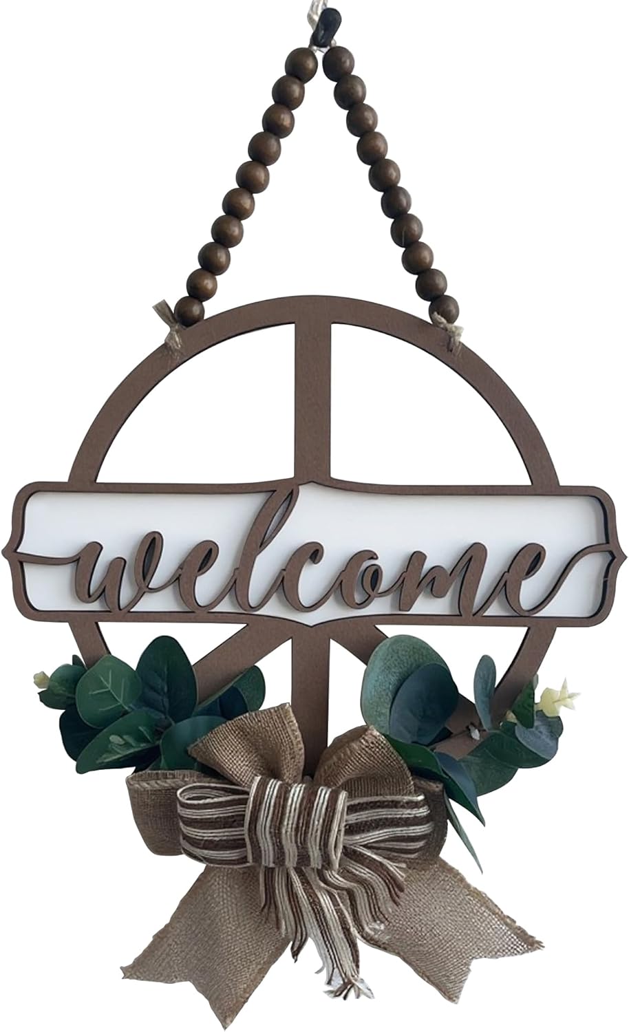 interchangeable 3D Welcome Sign for Front Door |Home/Farmhouse Porch Décor Wooden Hanging Sign with Artificial Leaves and Rustic Beads | Christmas Classroom |12" Round