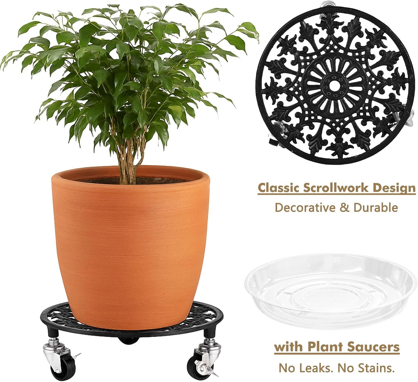 1 Pack Plant Caddy with Wheels 14 Inch Rolling Plant Stand for Large Plants Heavy Duty Plant Rollers Metal Plant Dolly Rustproof Planter Stand Wrought Iron Plant Stands Flower Cart Indoor Outdoor