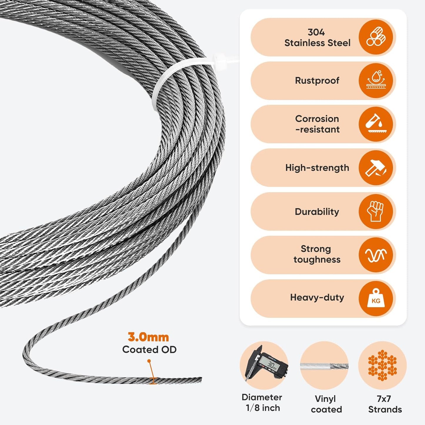250FT 1/8" Stainless Steel Cable with Wire Rope Crimping Tool and Cable Cutter, 1760 lbs Breaking Strength, 7x7 Strands Aircraft Cable for Deck Railing, Porch Fence, String Light