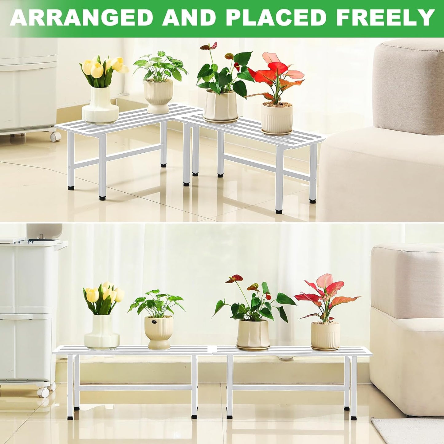 2 Pack Metal Plant Stand Outdoor Plant Shelf Indoor,1 Tier Heavy Duty Plant Stands for Multiple Plants,26" L x 10.12" H x 8.75" W,White