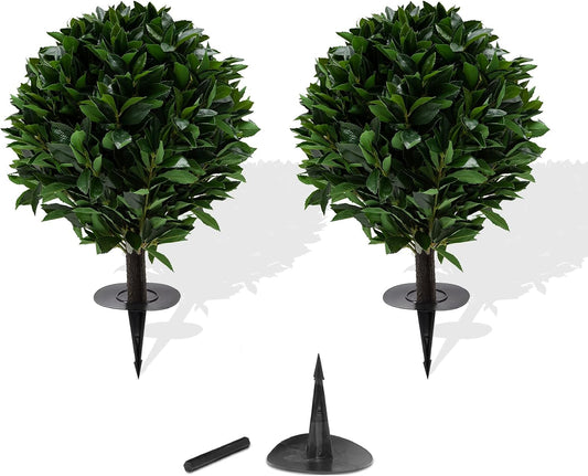 24" Outdoor Evergreens in Outdoor Artificial Shrub Potted Plant Plant for Indoor Porch of Home and Office 2 Pieces a Set Topiary Trees Faux Boxwood with Spike. Easy to Push in The Ground