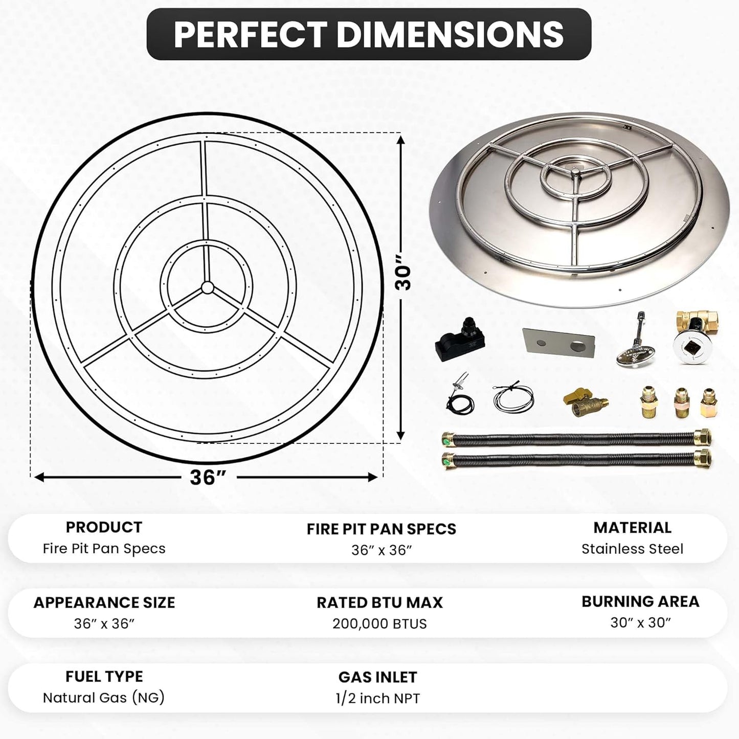 Stainless Steel Fire Pit Burner Pan & Ring Deluxe Kit for Natural Gas, 36-Inch Pan, 30-Inch Ring, 200,000 BTU Max