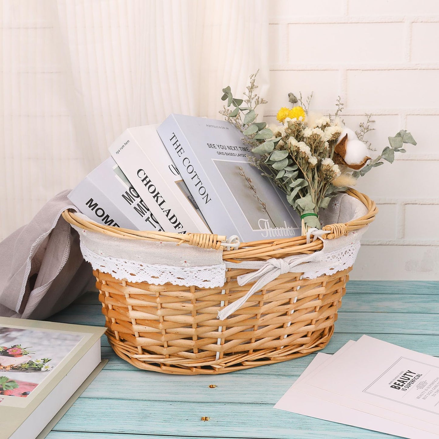 Natural Wicker Basket with Linen Lining, 14 Inch Large Wicker Woven Picnic Basket with Handle for Picnic, Camping, Outdoor Party