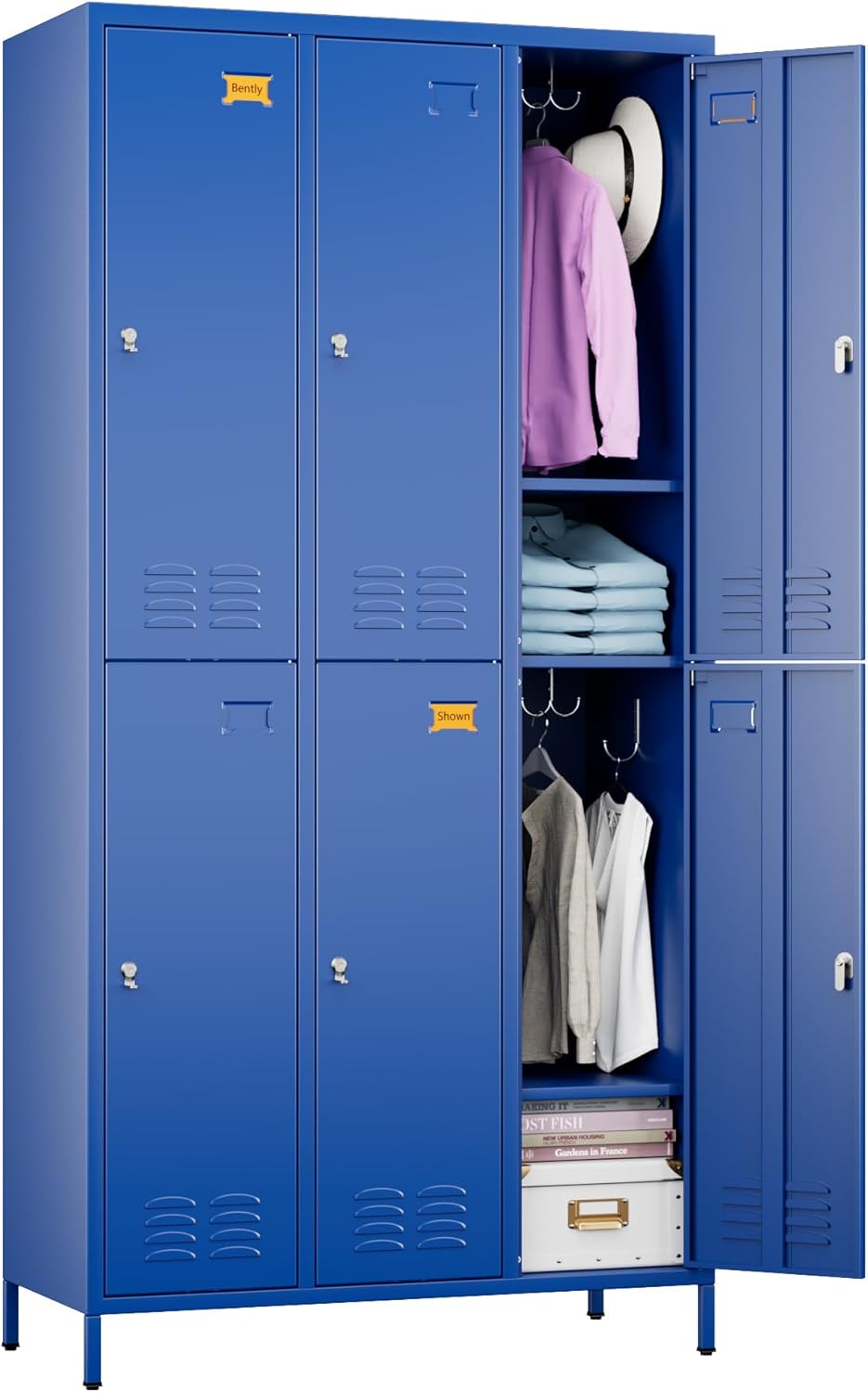 6 Doors Metal Lockers for Employees with 6 Shelves and 18 Hooks, Storage Locker with Business Card Holder for Office Gym School Bedroom, Assembly Required, Blue
