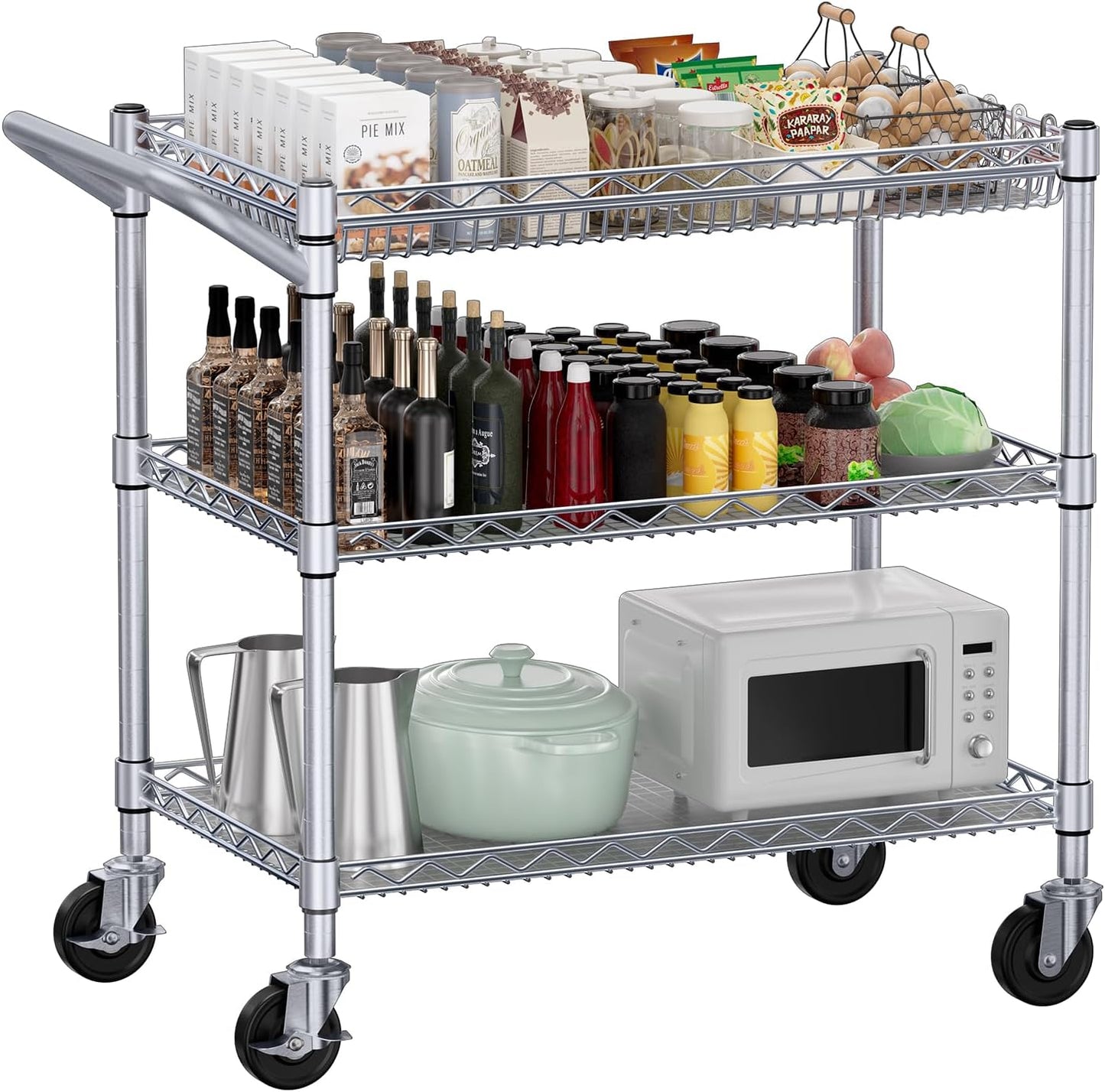 WDT 990Lbs Capacity Heavy Duty Rolling Utility Cart, NSF Rolling Carts with Wheels,Commercial Grade Metal Cart with Handle Bar & Shelf Liner,Trolley Serving Cart for Kitchen,Restaurant,Silver