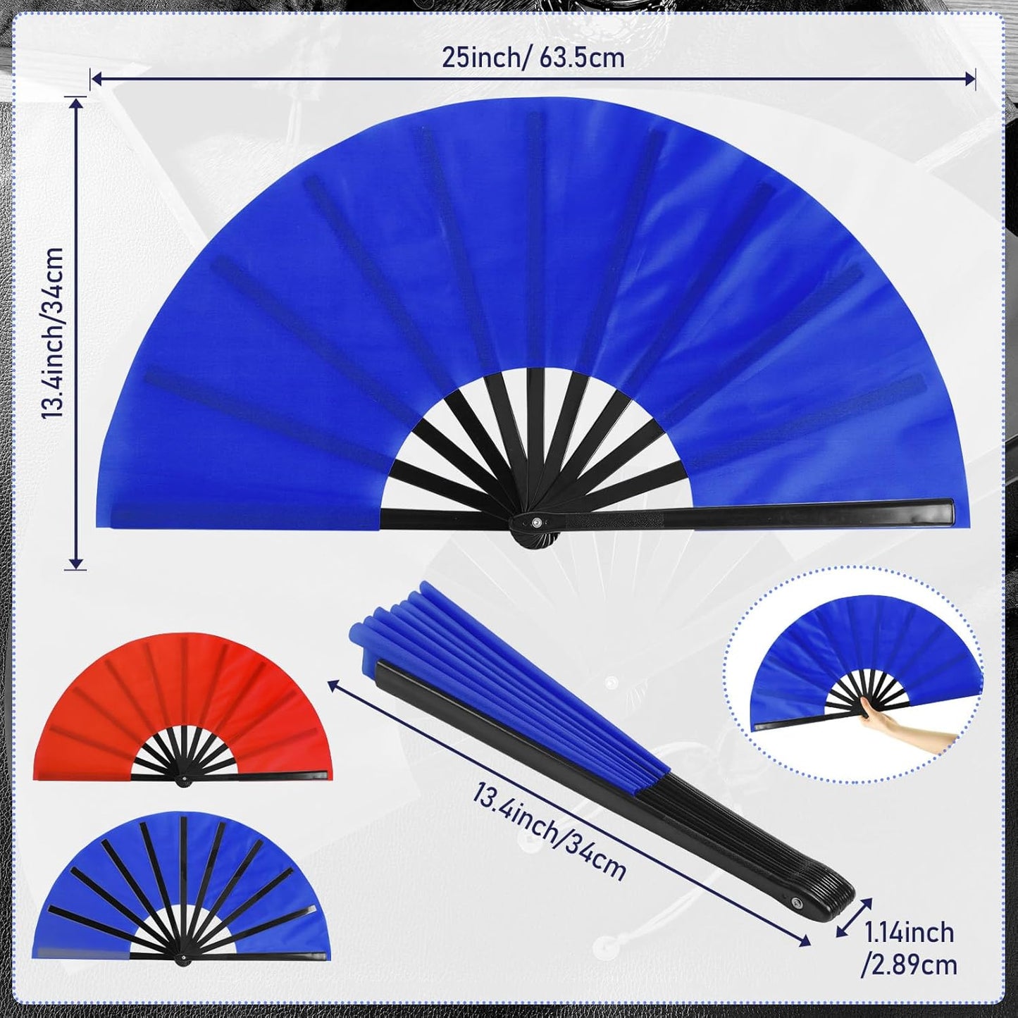 Maitys 2 Packs Large Clap Fans for Line Dancing Large Chinese Folding Hand Fans for Men and Women, Festival, Tai Ji, Kungfu, Martial Art, Gifts (Red and Blue)