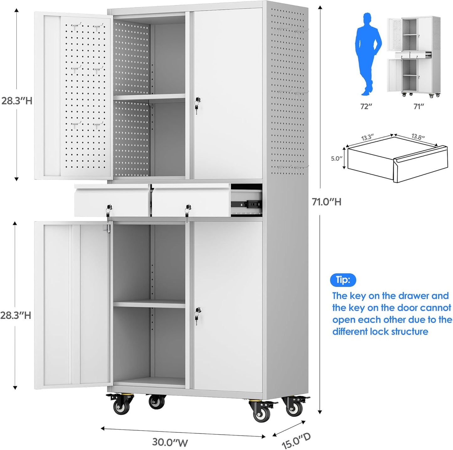 Garage Storage Cabinet with Wheels, Metal Storage Cabinet with 2 Drawers and 2 Adjustable Shelves, Metal Lockers with Pegboards for Homes, Offices, Kitchens, and Pantries, Gray and White