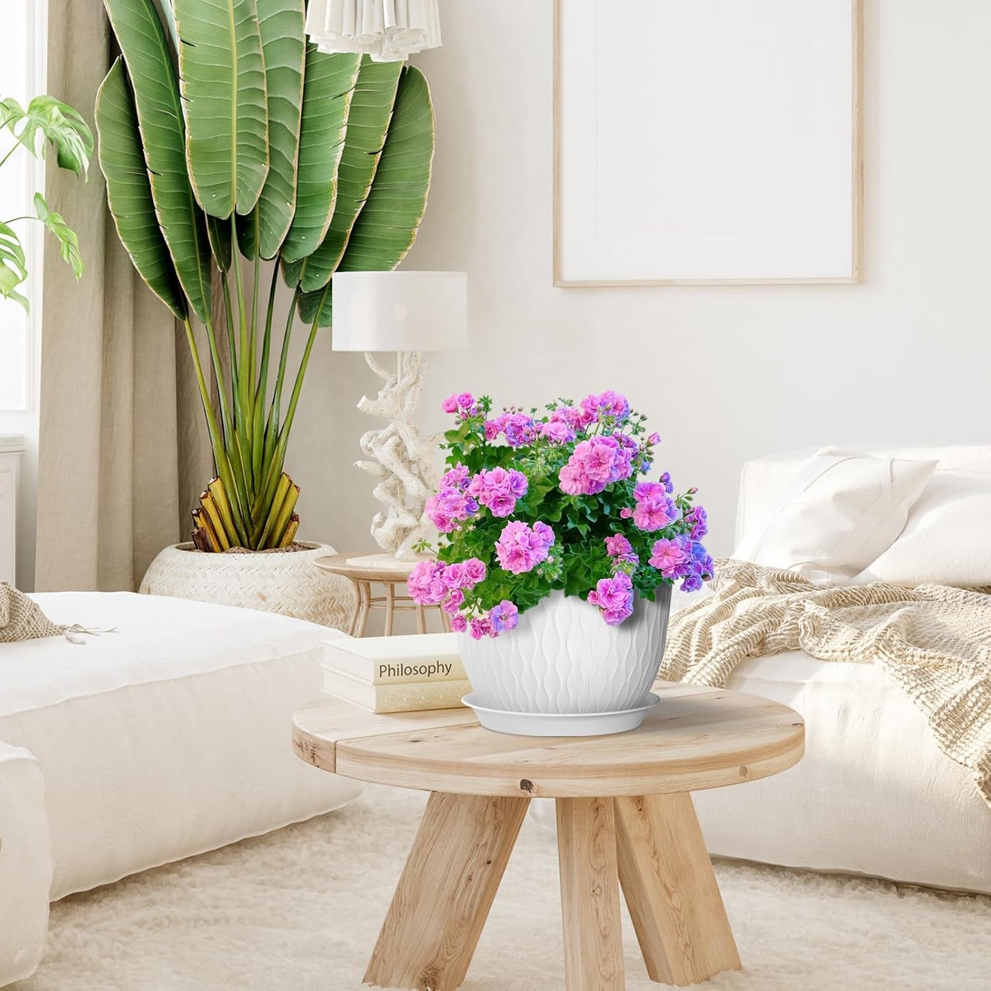 12/10/9 inch Large Plant Pots, 3 Pack Wide Flower Pots for Outdoor Indoor Plants with Water Ripples, Big Plastic Planters with Drainage Holes and Saucers for Garden House Plants, White