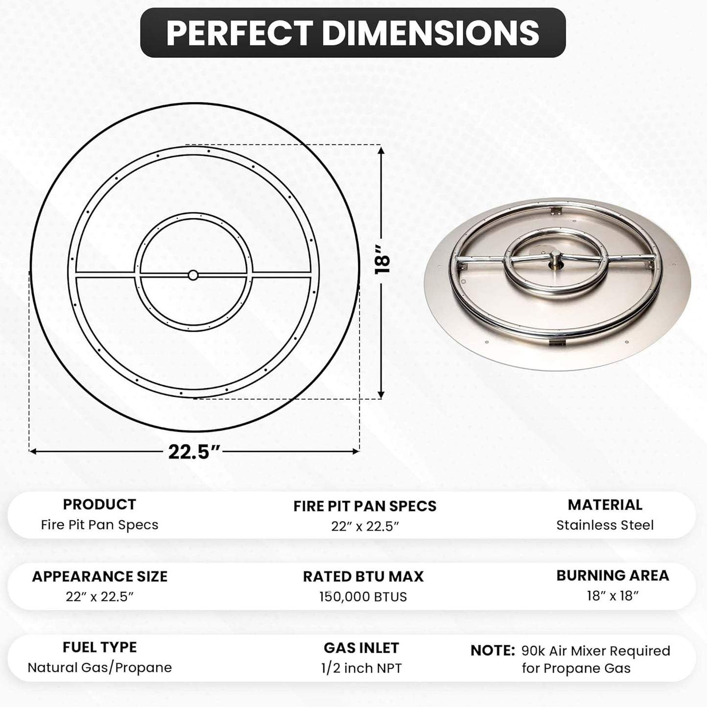 Stainless Steel Fire Pit Burner Pan & Ring, Works with Liquid Propane or Natural Gas, 22-Inch Pan, 18-Inch Ring, 150,000 BTU Max