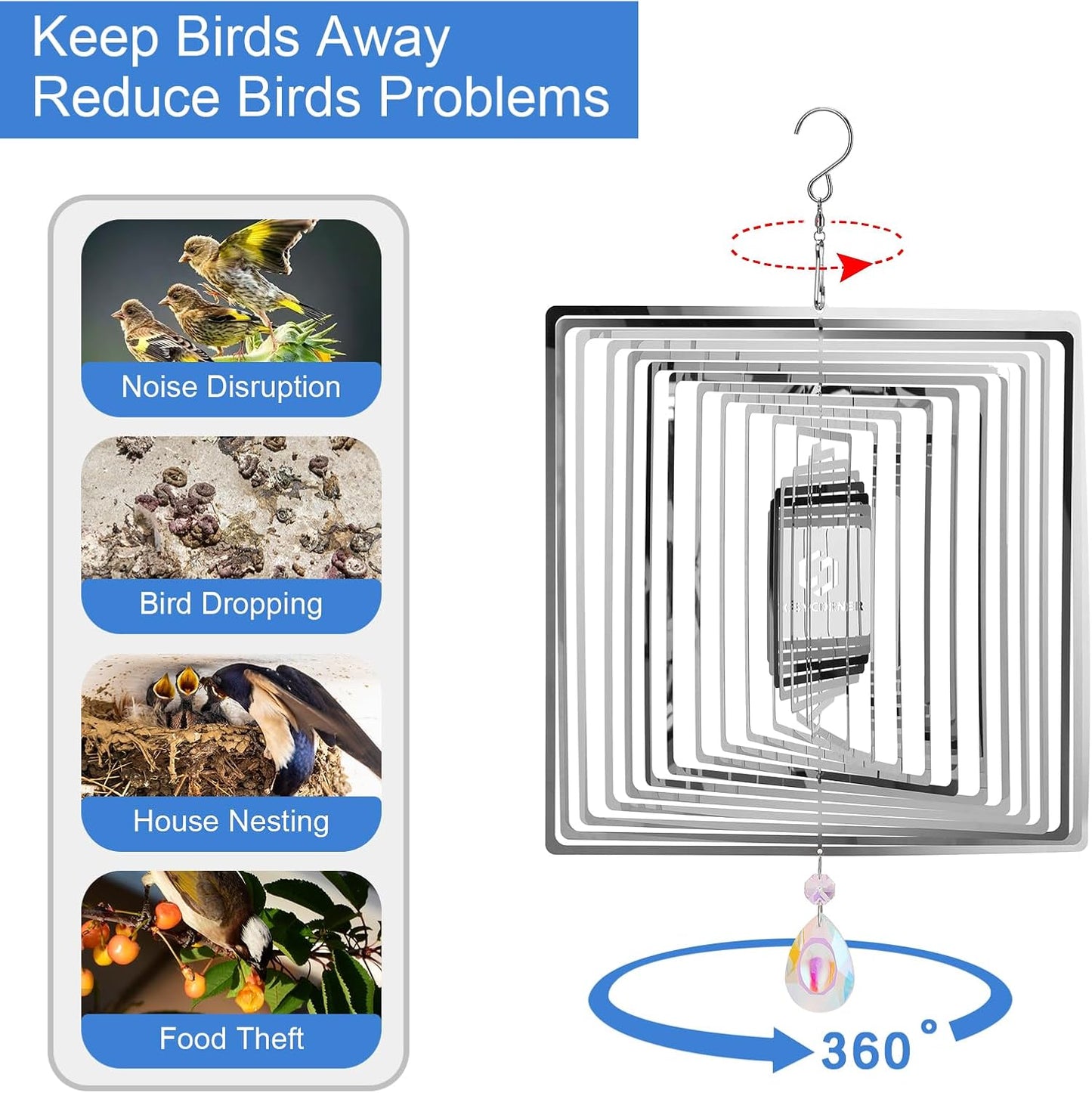 Wind Spinners Outdoor – Colorful Garden Wind Spinners & Yard Decorations, Outside Wind Chimes for Garden Decor, Birthday Gifts for Women (Square-Silver, 11.9 inch)