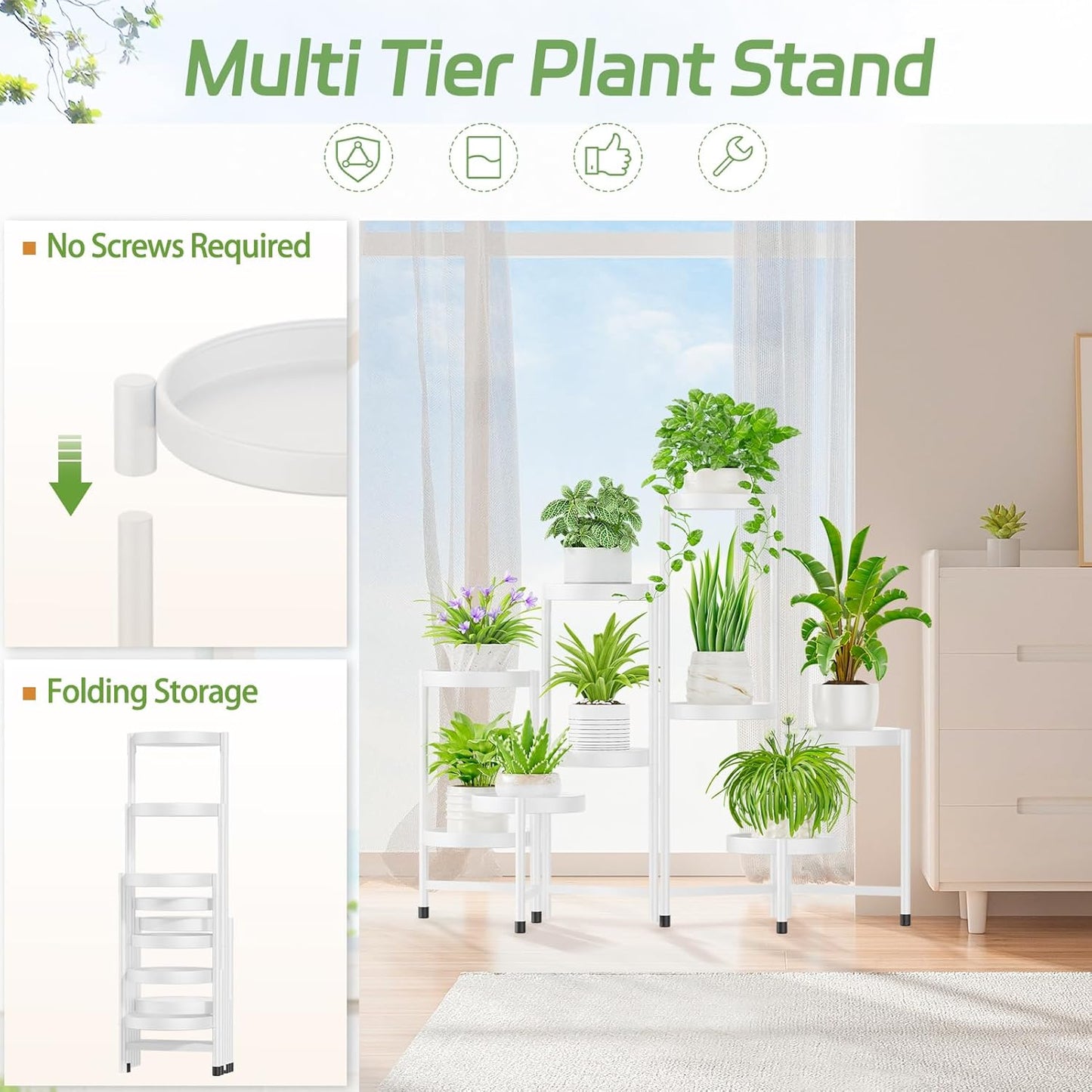 iDavosic.ly Plant Stand Indoor Outdoor, 9 Tier Corner Metal Flower Display Holder Shelf, Folding Tall Orchid Rack for Patio Balcony Porch Garden Living Room House, White