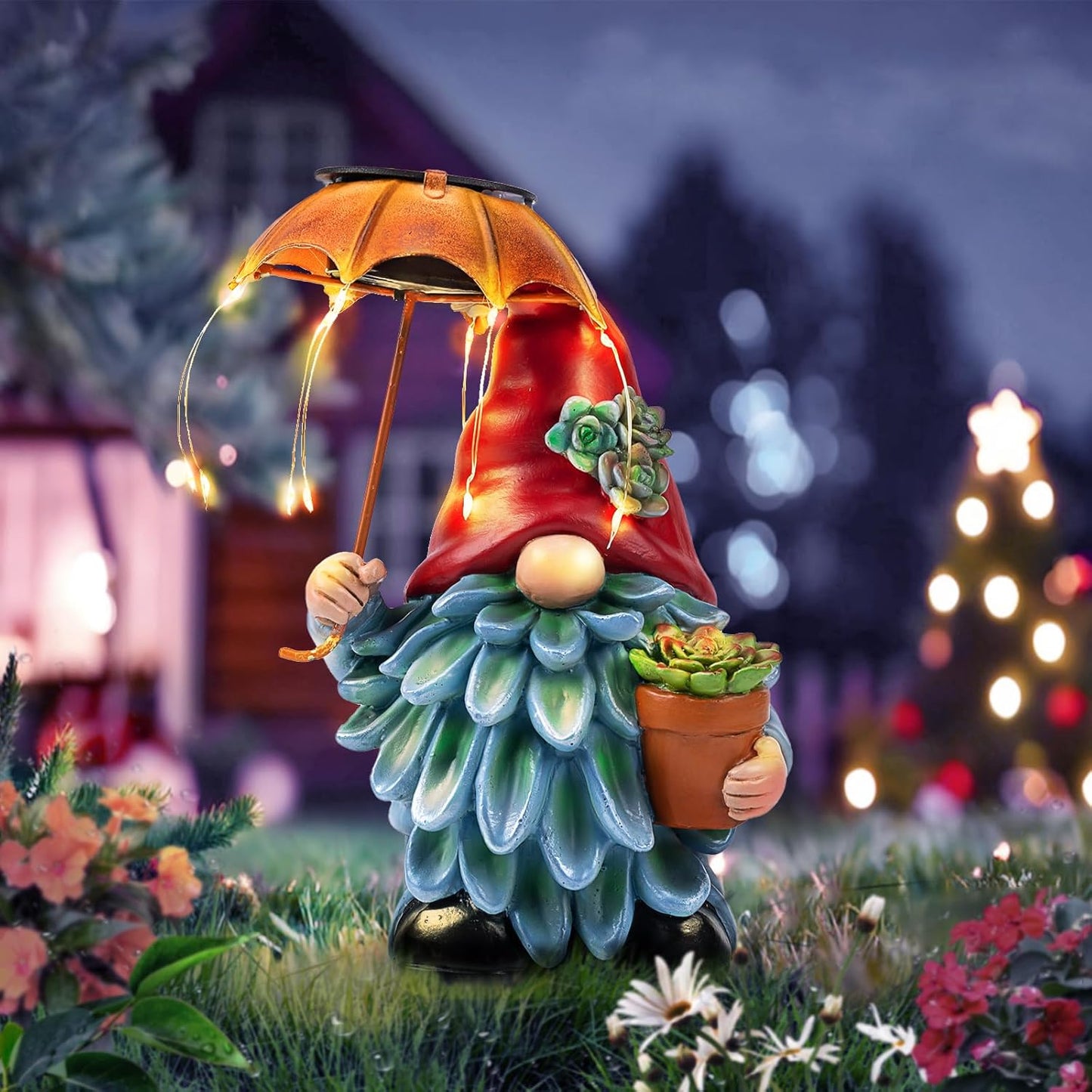 Solar Outdoor Statues Gnome Garden Decor, Garden Gnome with Solar LED Umbrella Decorative for Patio, Balcony, Lawn, Yard Ornament - Unique Gardening Gifts for Mom Grandma