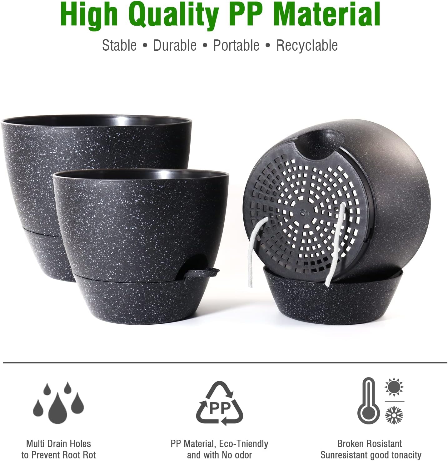 10/9/8 inch Self Watering Pots, Set of 3 Plastic Planters with Mesh Drainage Holes and Deep Reservoir for Indoor Outdoor Garden Plants and Flowers, Black Speckles