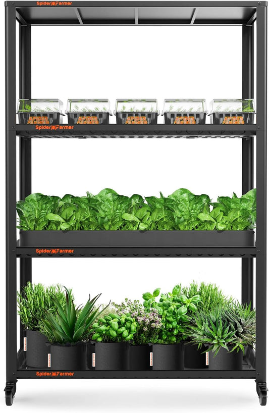 Spider Farmer Plant Stand 3 Tier Heavy-Duty Metal SF600 Plant Shelf With Waterproof Trays and Lockable Wheels For Flower Pot Display Easy Assembly Rack Black Indoor Outdoor 46Lx15Dx70H