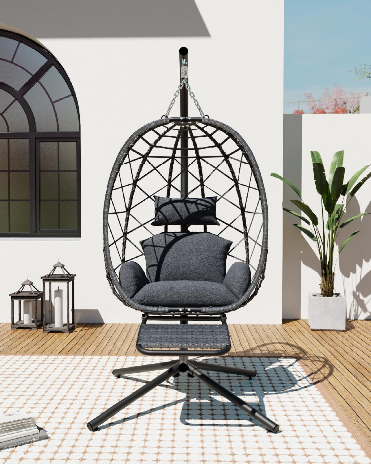 SWITTE Hanging Egg Chair with Stand, Outdoor Swing Egg Chair with Footrest, Patio Hammock Chair with Cushion for Garden Backyard-Dark Grey