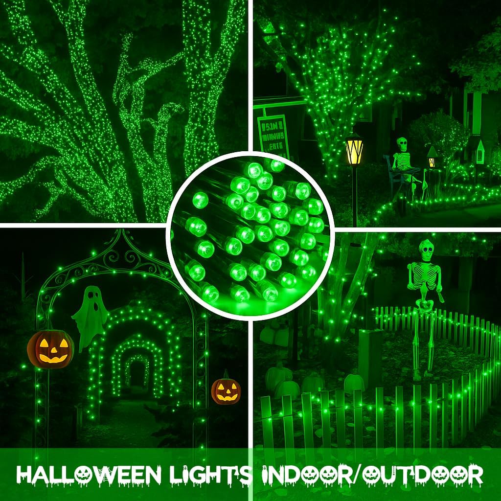 4 Pack 180FT Solar Halloween Lights Outdoor Waterproof, Super Bright 320 LED Solar String Lights with 8 Lighting Modes, Green Wire Twinkle Tree Light for Outside Xmas Party Decorations (Green)