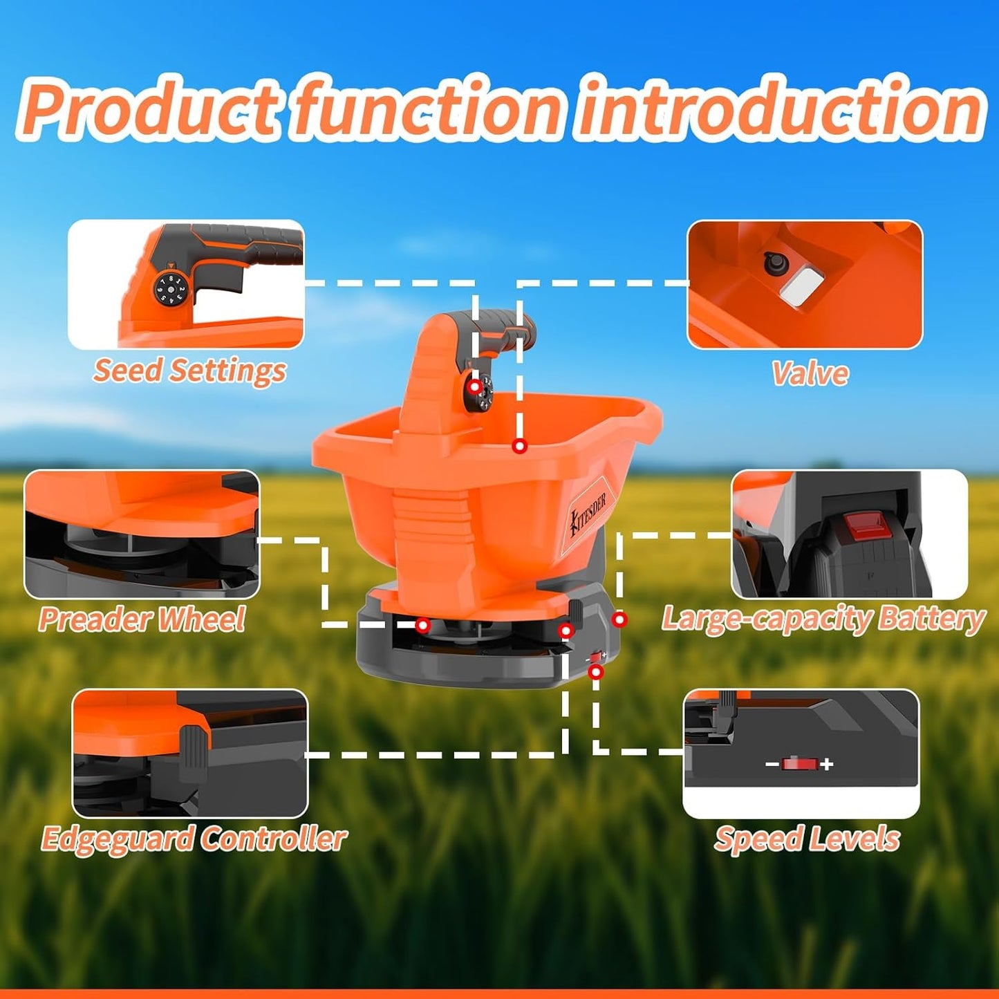 Battery Powered Seed Spreader, Fertilizer Spreader, Lightweight, Spreaders for Lawns, Broadcast Spreader, 8 Seed Settings & 6 Speed Levels, Spreader for Grass Seed, Fertilizer & Ice Melt