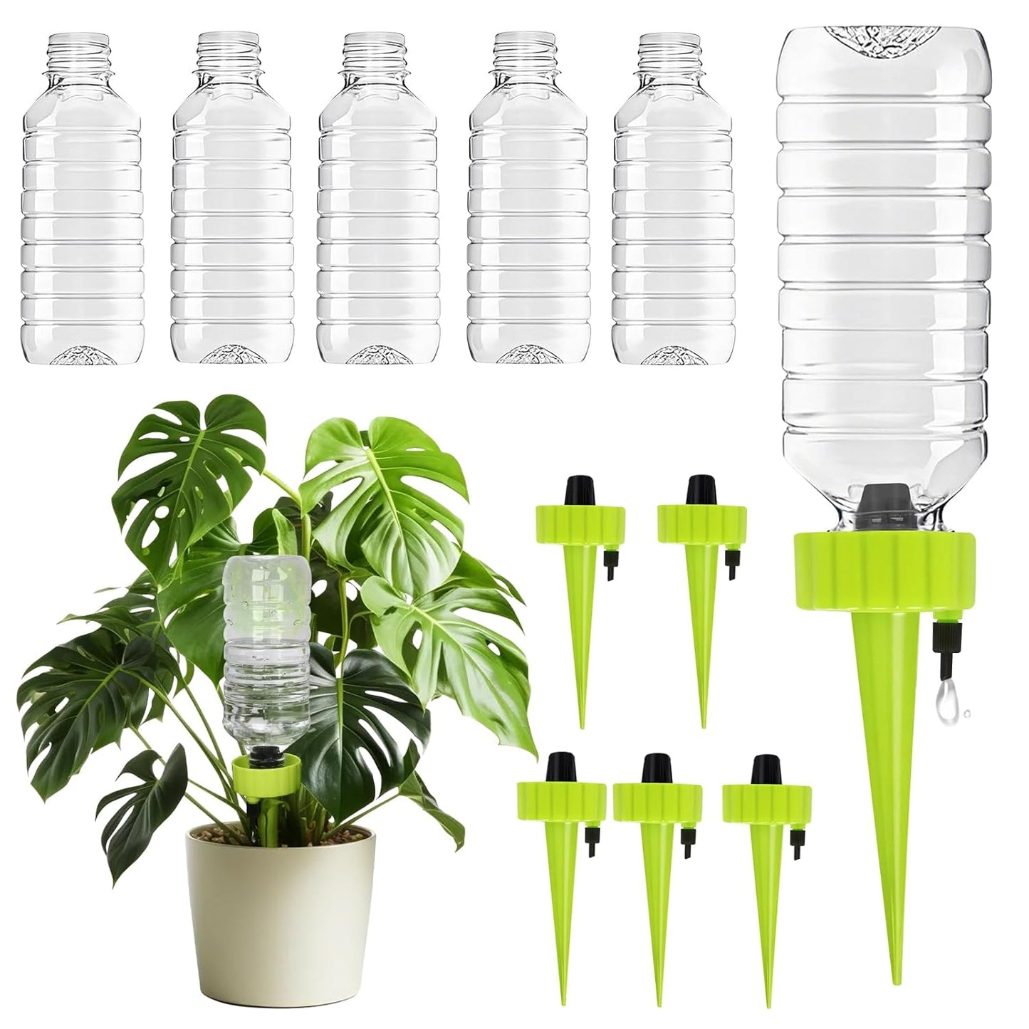 6 Set Self Watering Planter Insert Spikes, Indoor Plant Watering Devices 6pcs Slow Release Auto Vacation Plant Waterer Stakes 6pcs 20oz Plastic Bottles with Adjustable Valve Switch Control for Garden