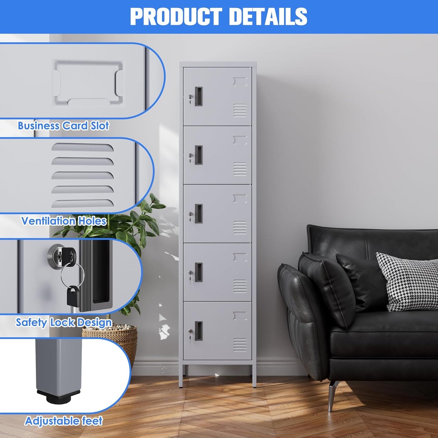 Metal Locker with Lock and Ventilation Holes,Metal Storage Locker with Business Card Slot for Home,Gym,Garage,School,Office,66" H x 15.8" W x 15.8" D Assembly Required,Dark Grey