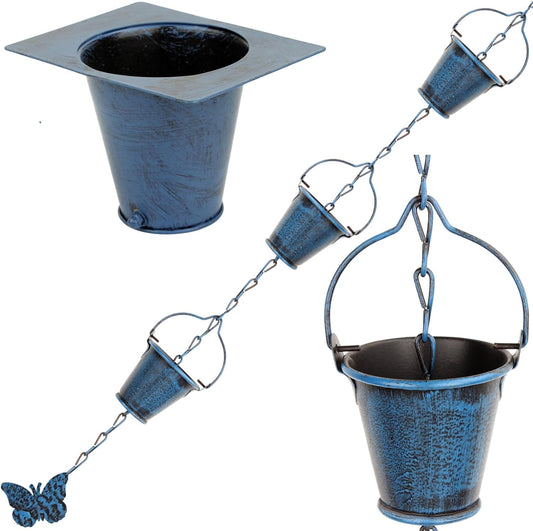 Rain Chain for Outsidewith 1 Adapter,Wrought Iron Rain Chains 9 FT Set,Rain Chains for Gutter with Rain Chain 16 Cup and Decorative Butterfly(Retro Blue)