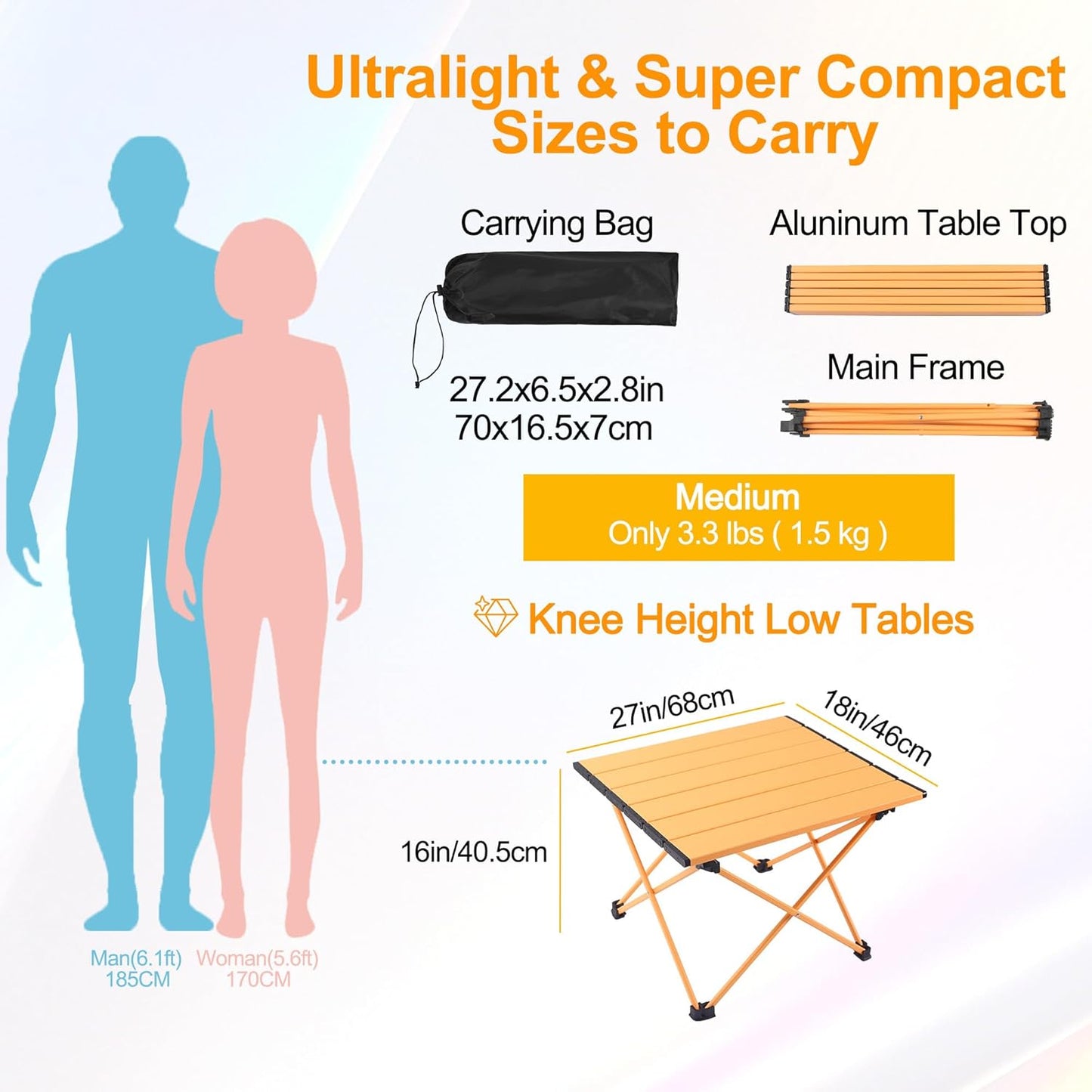 Tesouro Portable Camping Table,Folding Side Table Aluminum Top for Outdoor Cooking, Hiking, Travel, Picnic (Apricot-Large)