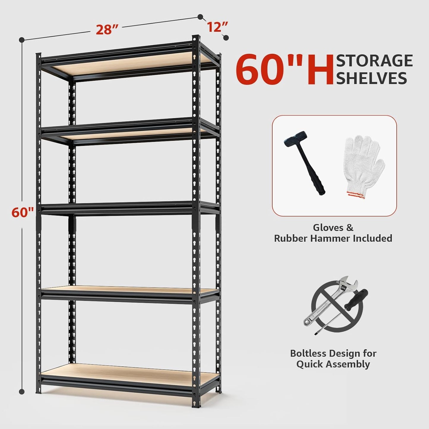5 Tier Adjustable Heavy Duty Metal Shelving Unit, 60" H x 28" W x 12" D, Utility Rack, Garage Storage Shelves for Kitchen, Basement, Warehouse, Living Room, Classroom, Black