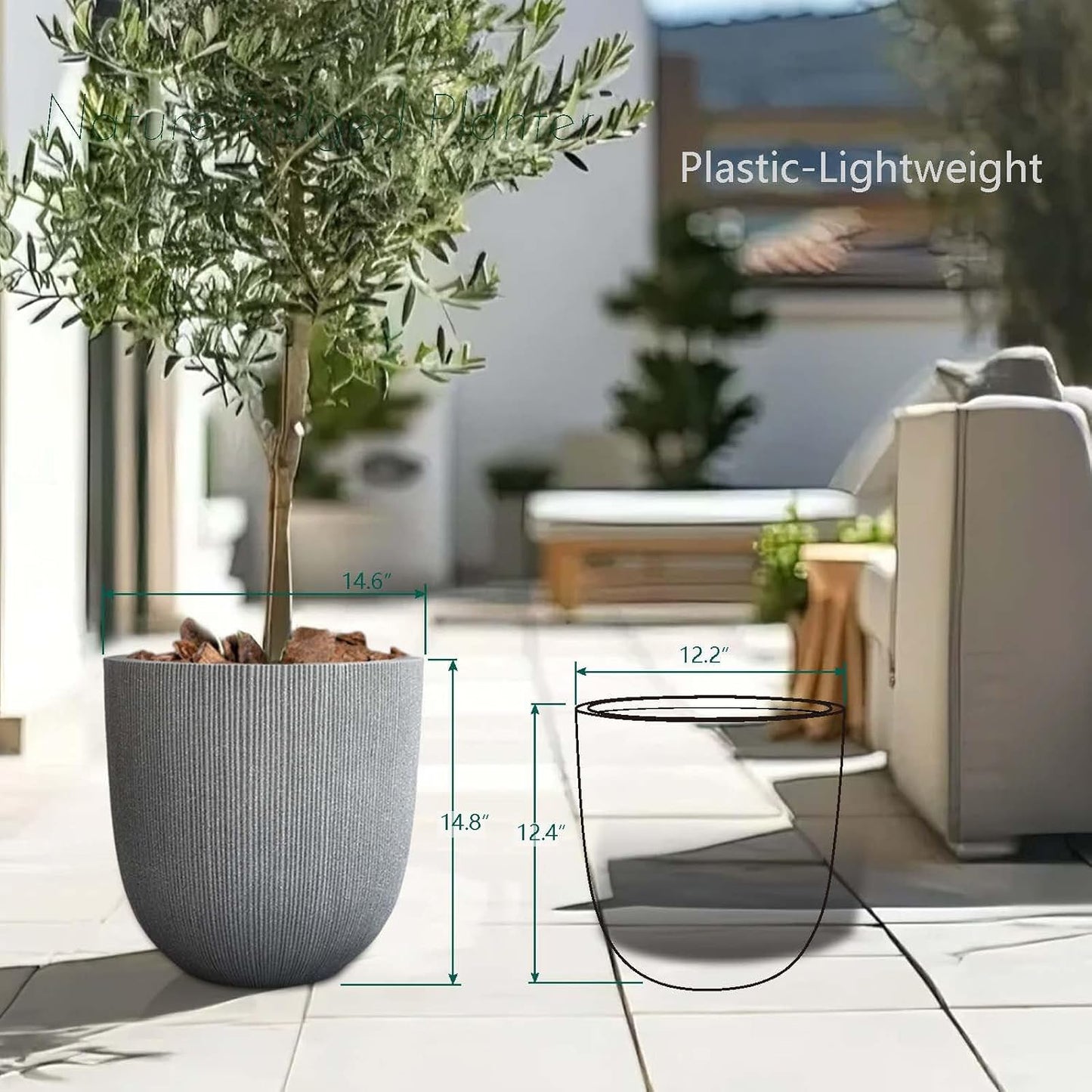 14.8" Tall Round Plastic Planter for Indoor Outdoor Plants, Large Indoor Outdoor Plant Pots with Drainage Hole and Plug, Flower Pots for Plants, Modern Decorative Planter Pots for Home Garden Patio