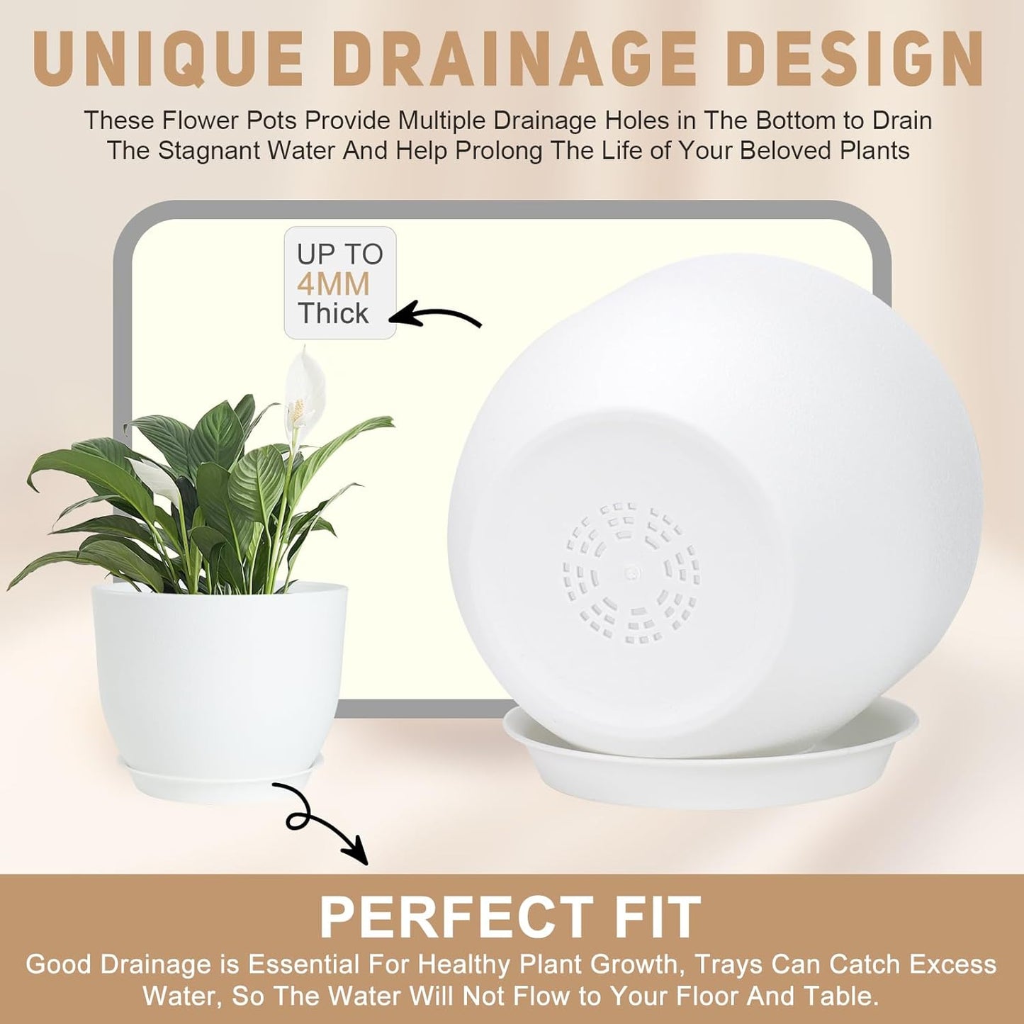 Plant Pots 10/9/8/7.5/7 inch Flower Pots with Multi Mesh Drainage Holes, Planters for Indoor Outdoor Garden Plants and Flowers. (White)