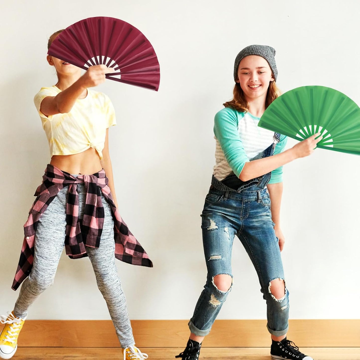 Blulu 4 Pcs 11 Inch Large Folding Hand Fans Bulk Clapping Popping Rave Fans for Kids Women Men for Dancing Boots on The Ground Festival Party Decoration(Classic Style, Retro Color)