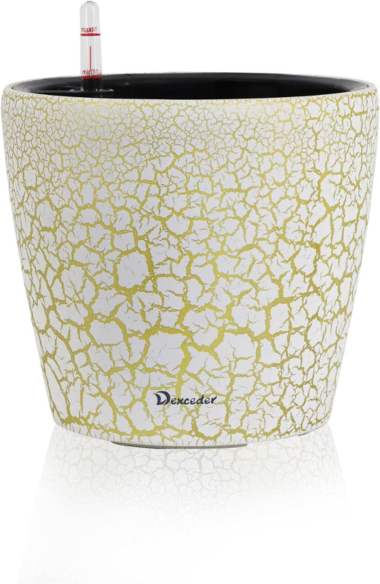 Dexceder 9x8 Inches Self Watering Planter Indoor Outdoor, Inner Pot Design, Thickened Table Flower Plant Pot with Water Level Indicator (White Gold Crackle)