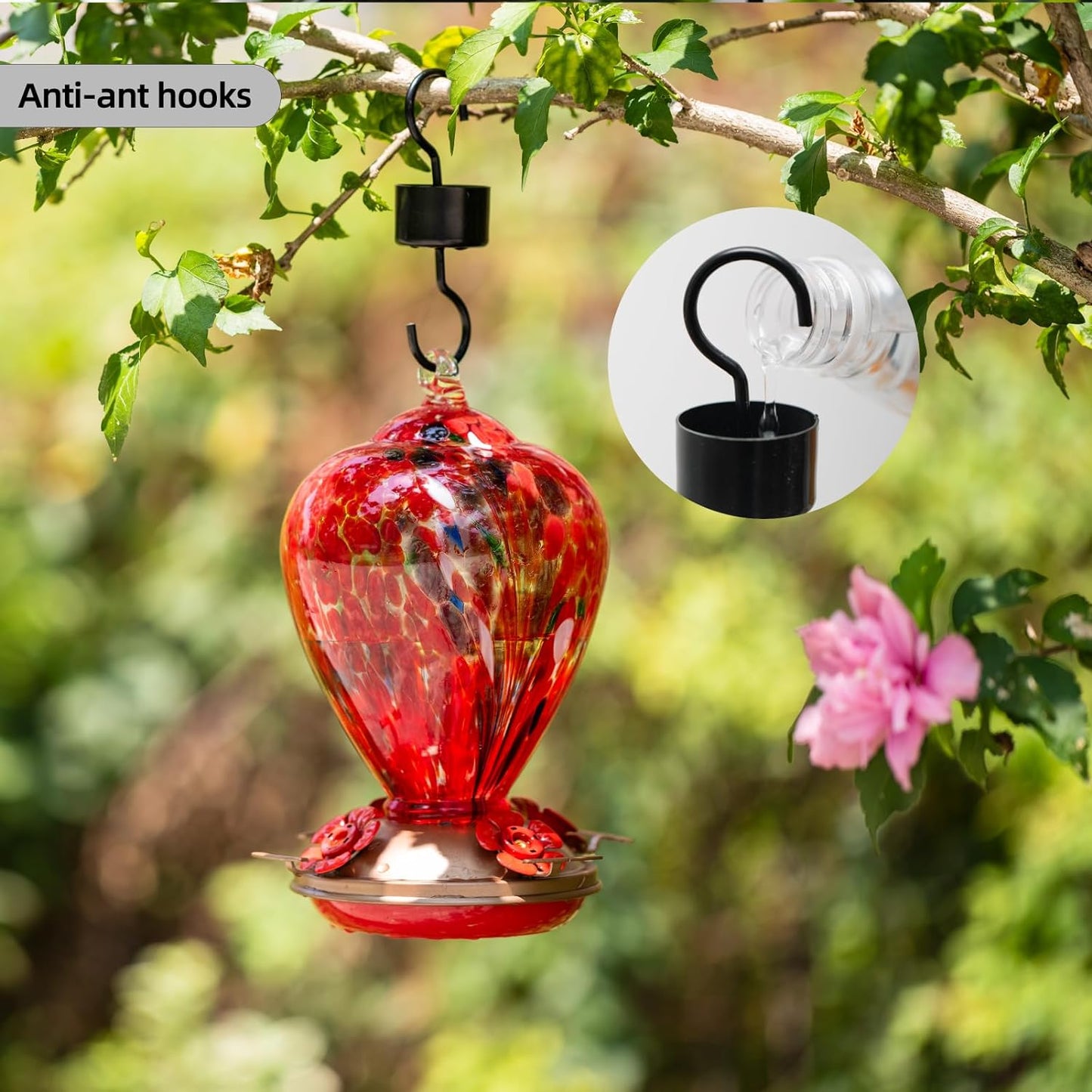 2 Packs Hummingbird Feeders for Outdoors Hanging Ant and Bee Proof, 34OZ & 32OZ Hand Blown Glass Hummingbird Feeders for Outside, 2 Red