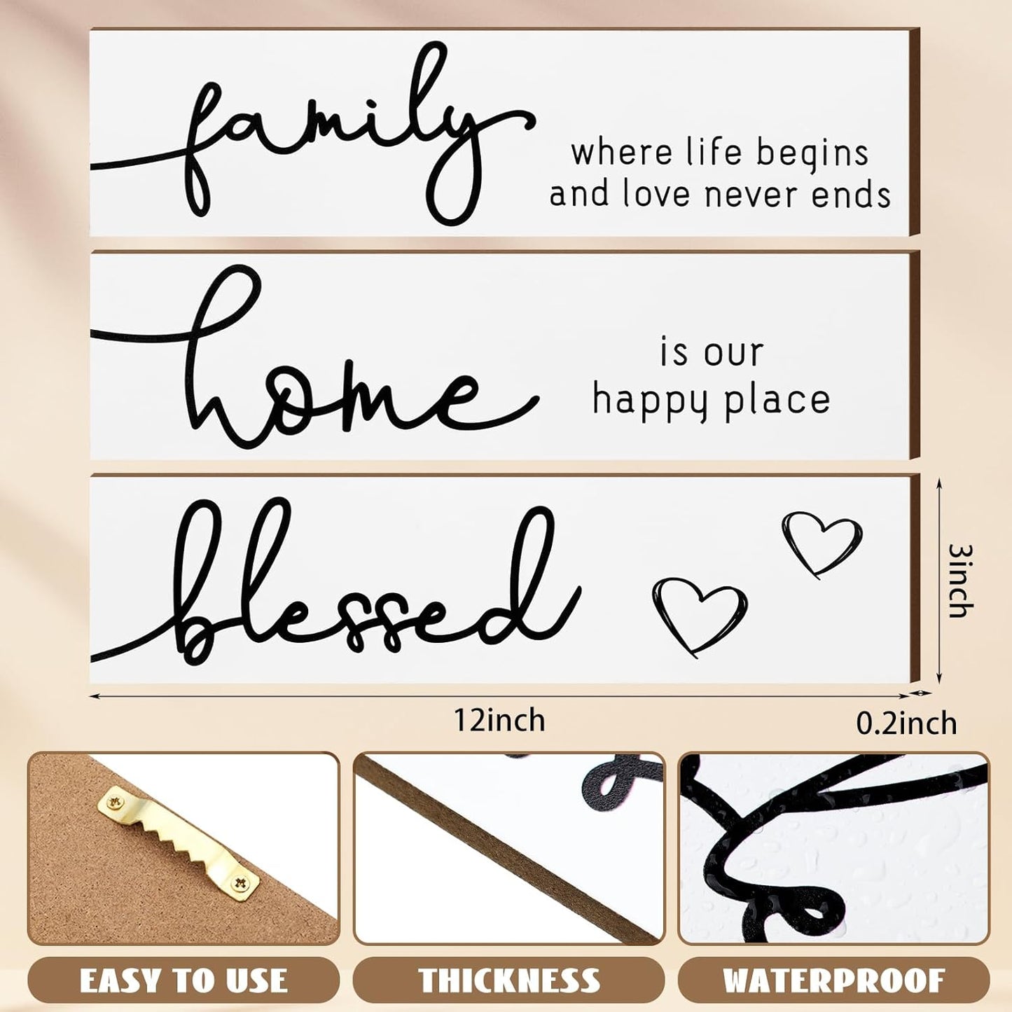 Jetec 3 Pieces Rustic Wood Sign Wall Decor Live Love Blessed Family and Love Quote Sign Farmhouse Wall Mount Decoration for Home Kitchen Living Room, 12 x 3 x 0.2 Inch(White, Black,Novel)