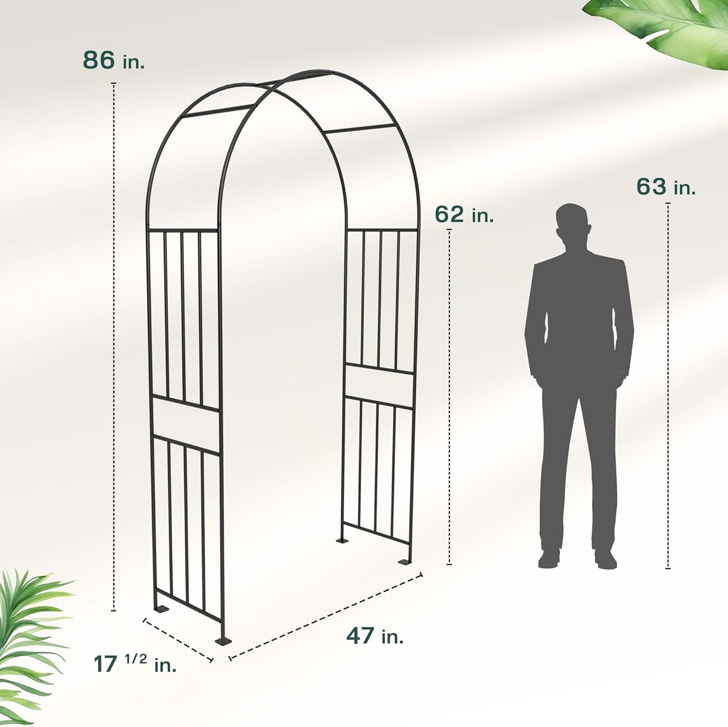 IDZO 86in Metal Garden Arbor Arch, Sturdy & Durable Trellis with Ground Stakes, 3 Installation Options, Ideal for Climbing Plants & Outdoor Decoration