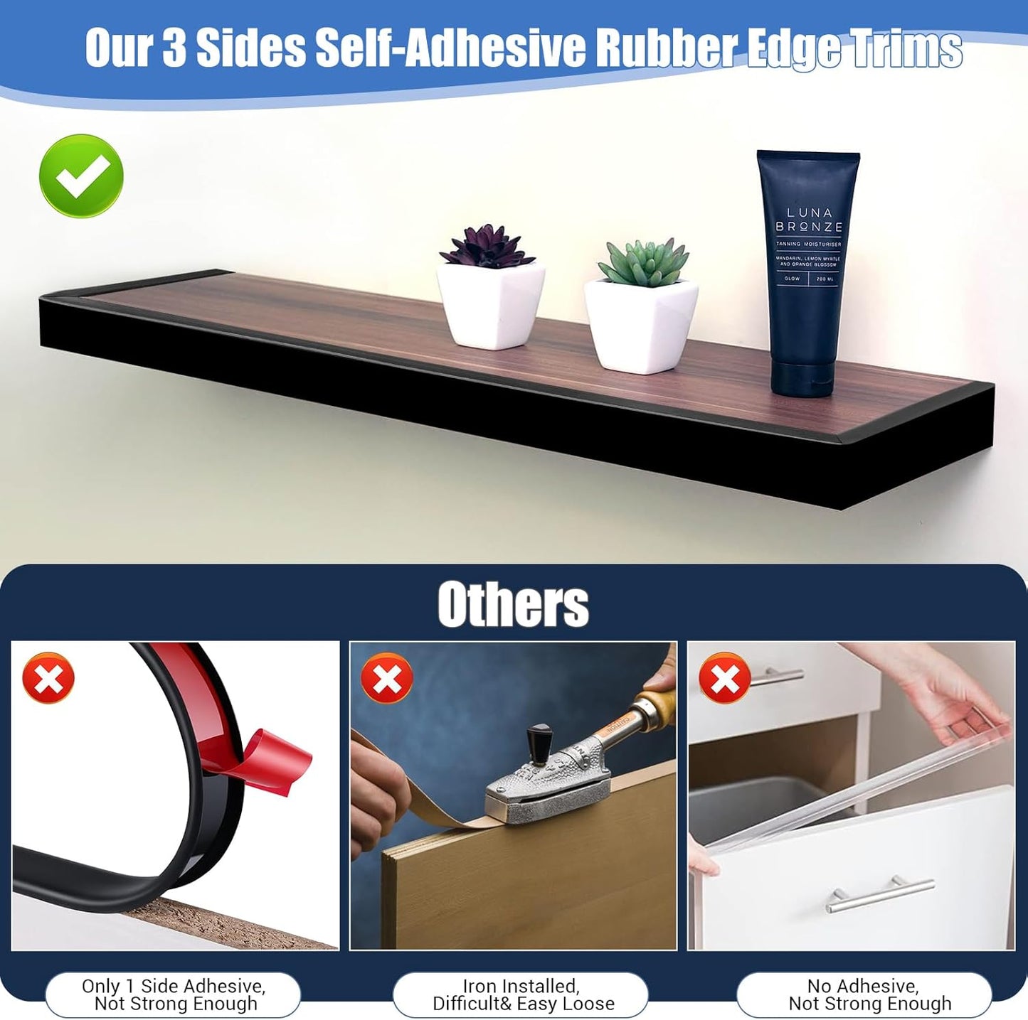 Rubber Edge Trim, Self-Adhesive U Channel Edge Protector for Plywood, Cabinet, 7/8" Wood Edge Banding, Flexible Furniture Repair, EPDM Material, Fit 7/8"(22mm), Length 10Ft, Black