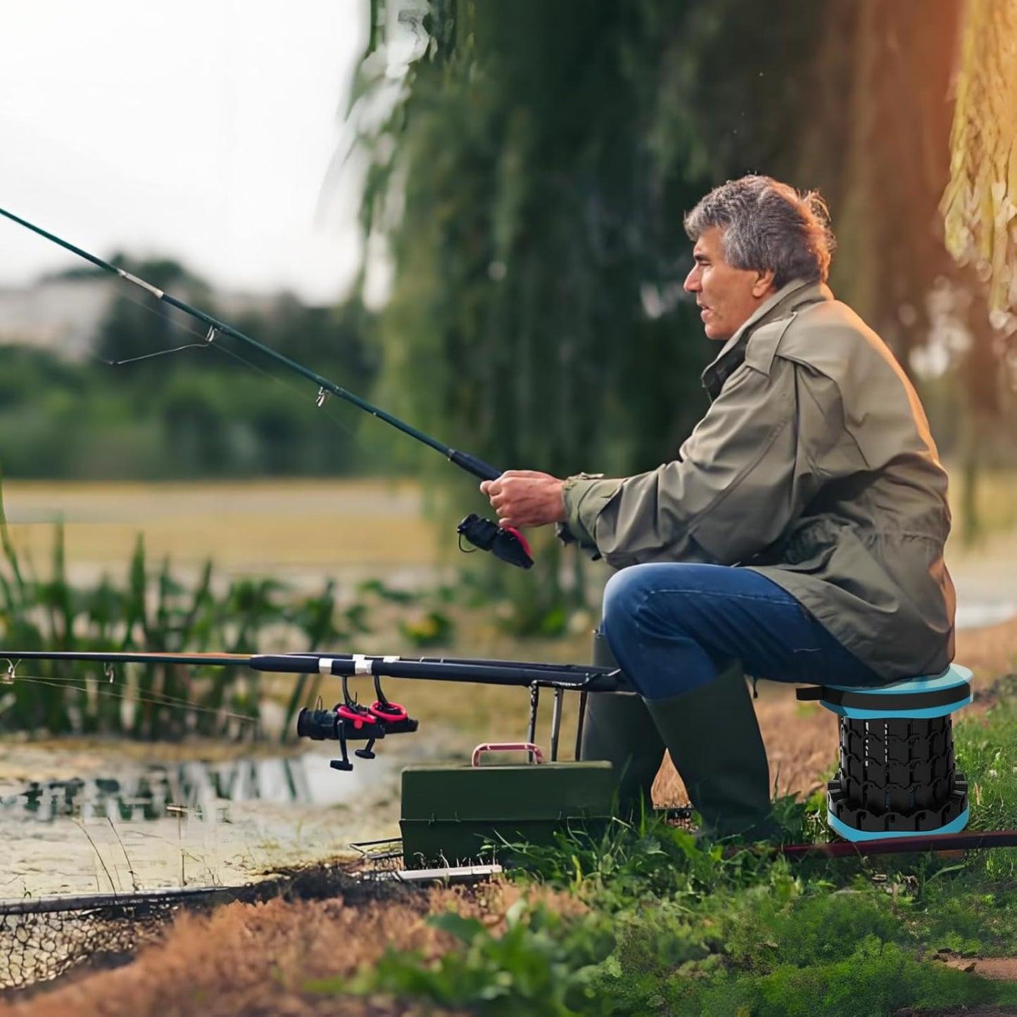 Upgraded Collapsible Stool with Max Load Capacity 330lbs Portable Telescoping & Folding Design Retractable Seat for Camping, Gardening, Fishing & Outdoor Adventures (Blue)