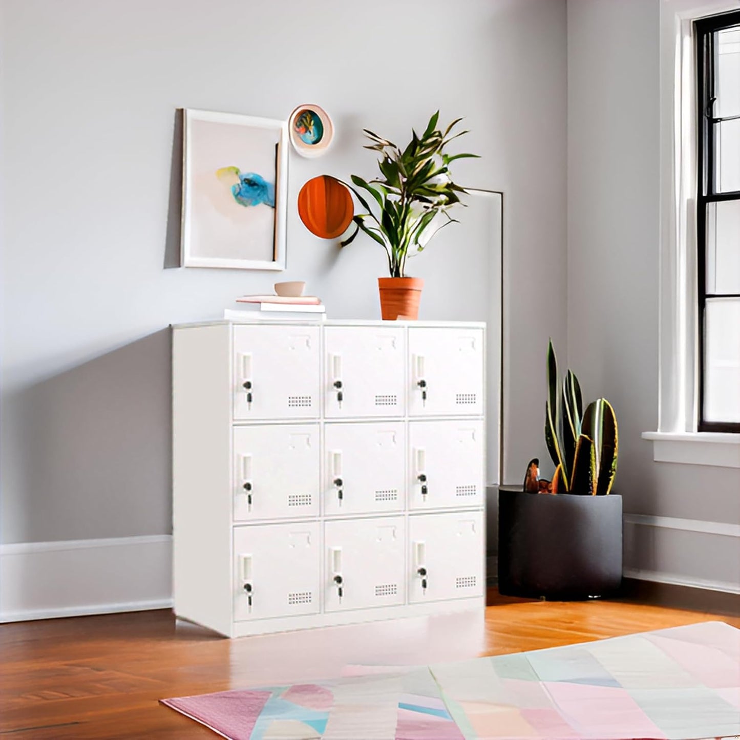 Student Locker Organizer, Multi-Door Steel Locker, Small Locking Cabinet Storage Organizer, Office File Cabinet, Home Locker, Gym Locker, Metal Storage Locker - Gray and White (9 Door, White)