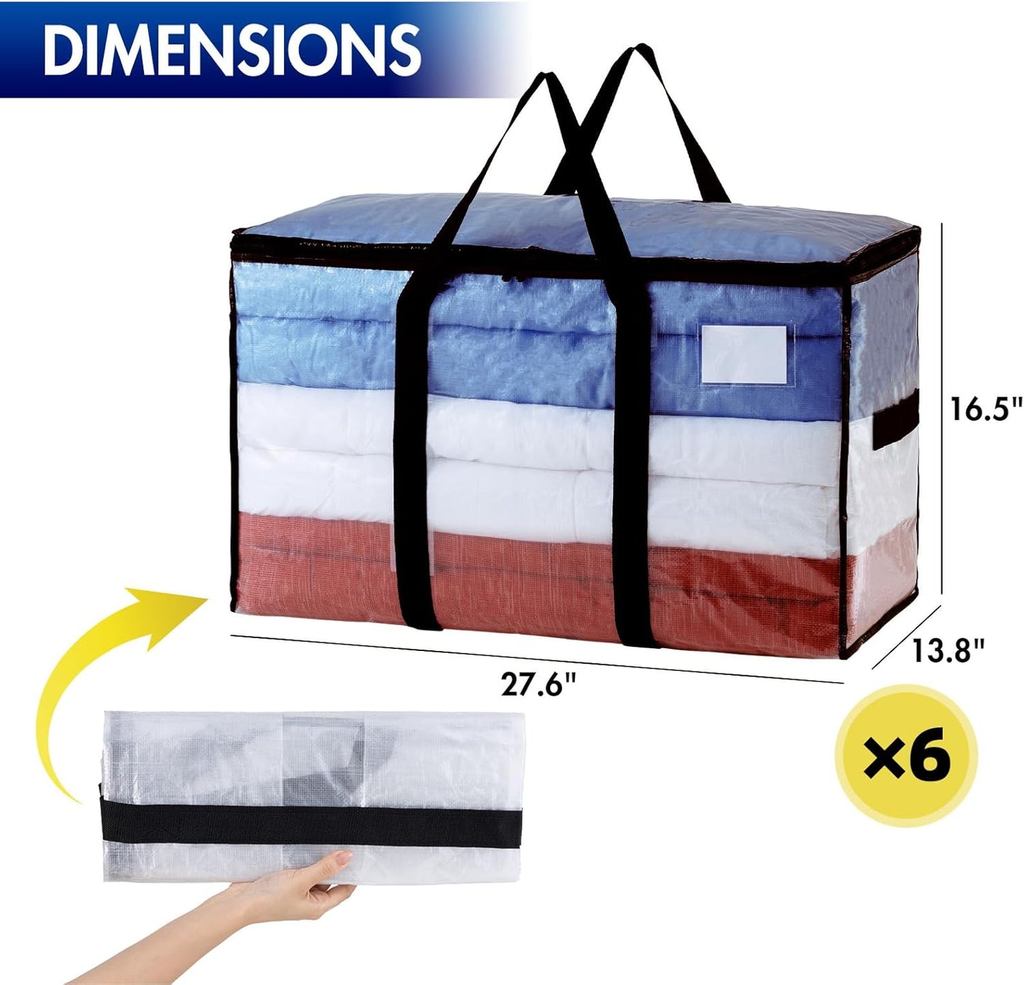 TAILI Extra Large Moving Bags, 6 Pack Clear Heavy Duty Totes For Storage with Visible Window, Wrap Around Handles, Storage Bags for Space Saving, Alternative to Moving Boxes