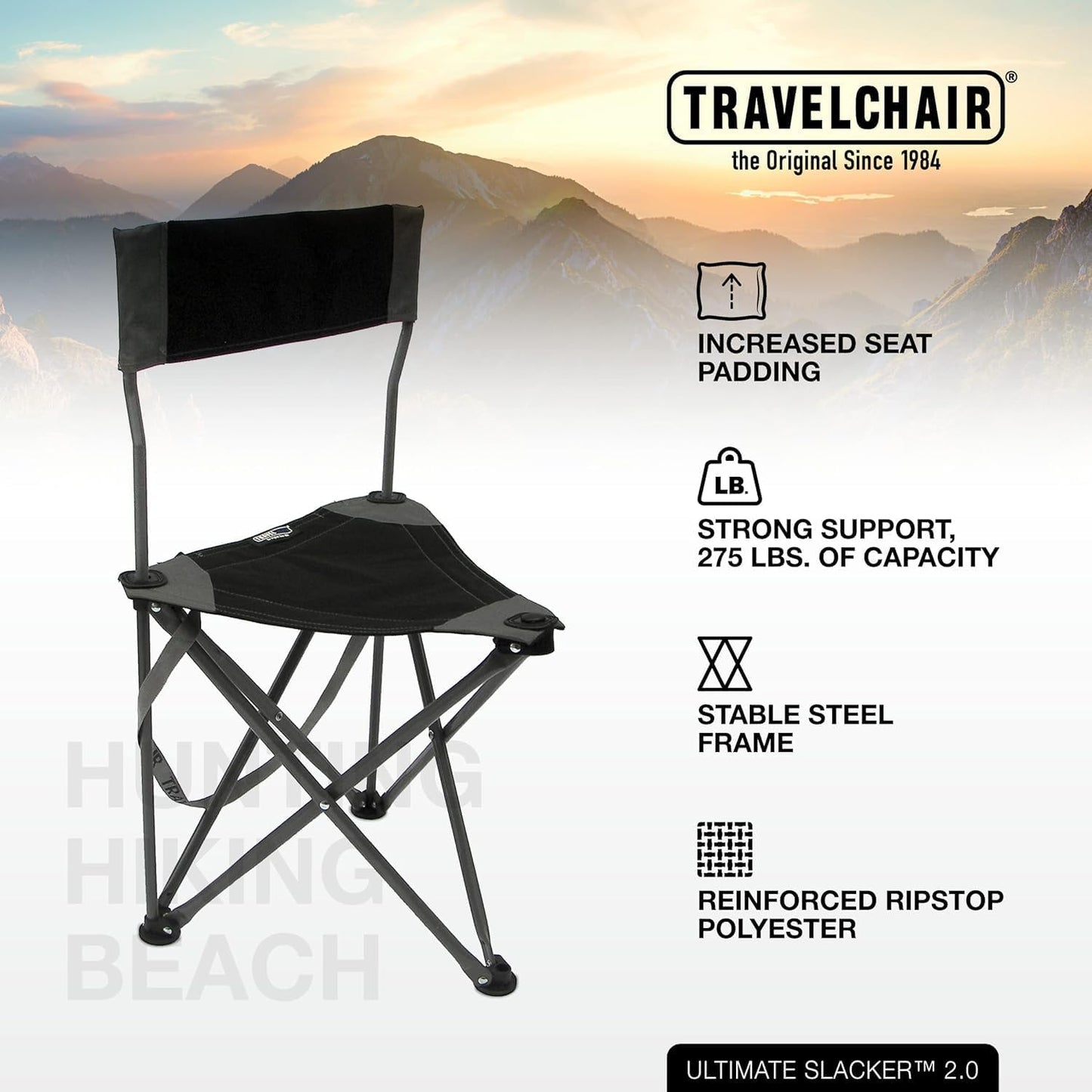 Travel Chair Ultimate Slacker, Quick Folding Tripod Stool with Backrest, Fishing Camping Hiking Chair with Carry Strap, Polyester, Black