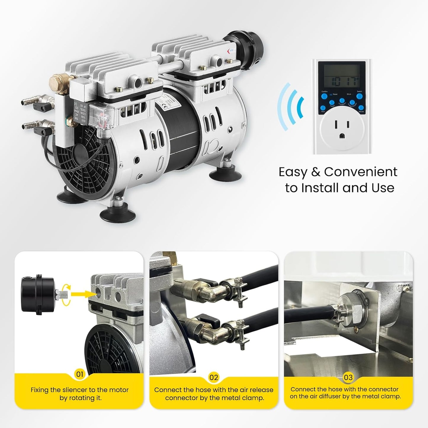 Pond Aerator, 5.2 CFM for Pond and Lakes Up to 3 Acres, 3/4 HP Compressor + 200 Feet Air Hoses + 2 Diffusers + Timer, Aeration Pumps Kit for Deep Water Oxygen Circulation