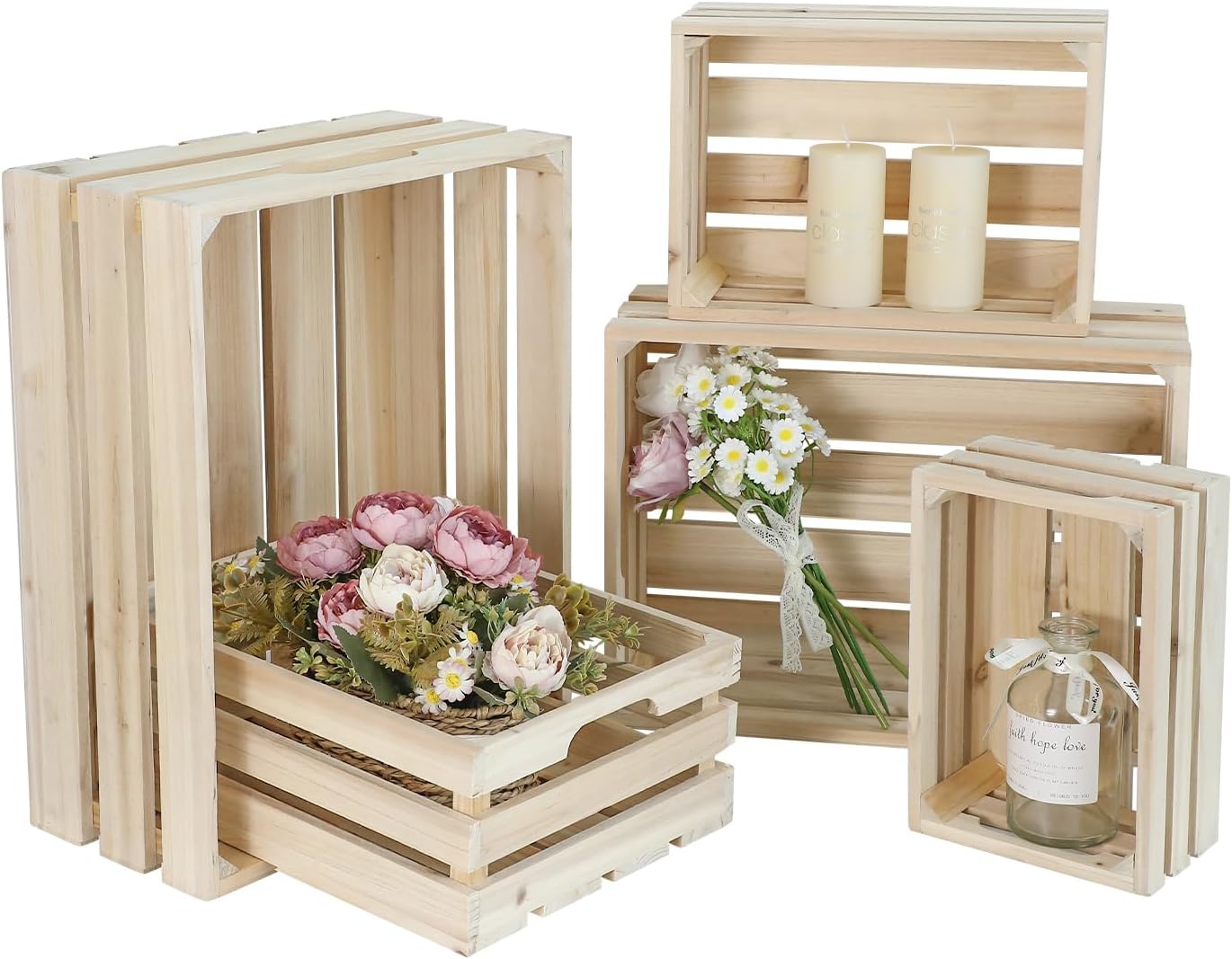 Wooden Crates, Unfinished Set of 5 Large Wood Crates with Handles, Rustic Farmhouse Wooden Crate for Decor, Wedding Birthday Home Party Living Room Kitchen Decoration