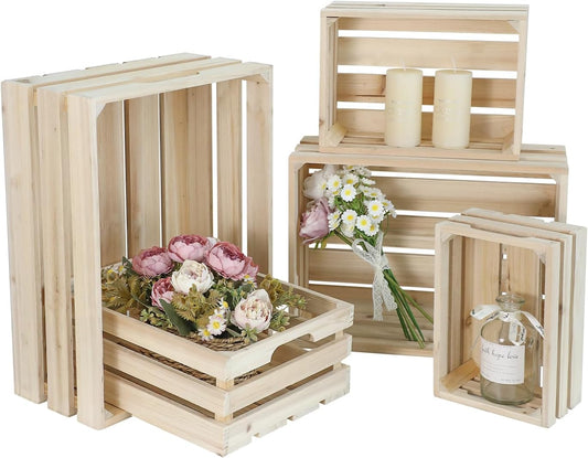 Wooden Crates, Unfinished Set of 5 Large Wood Crates with Handles, Rustic Farmhouse Wooden Crate for Decor, Wedding Birthday Home Party Living Room Kitchen Decoration