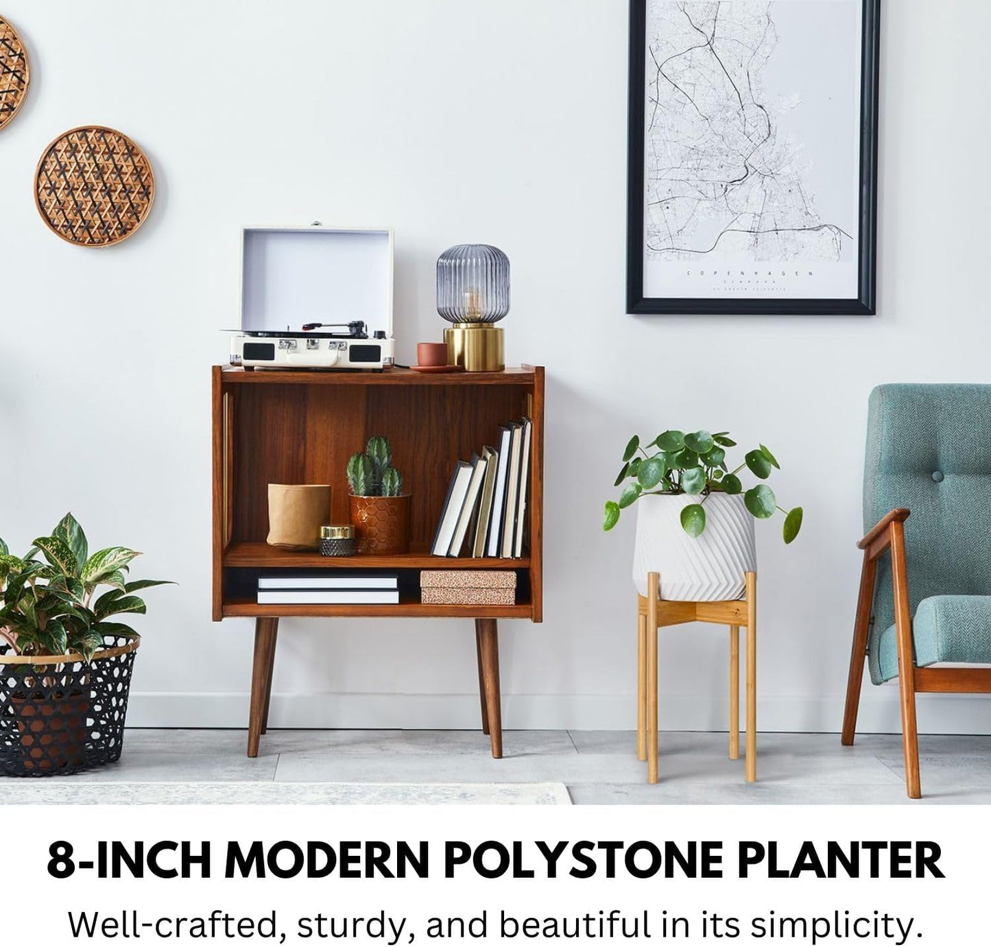 Fox & Fern 8 Inch Plant Pot with Drainage Plug — Premium Polystone White Plant Pot; Modern Planter with 3D Texture and Ceramic Finish; 8 Inch Pots for Plants Indoor & Outdoor; Lightweight