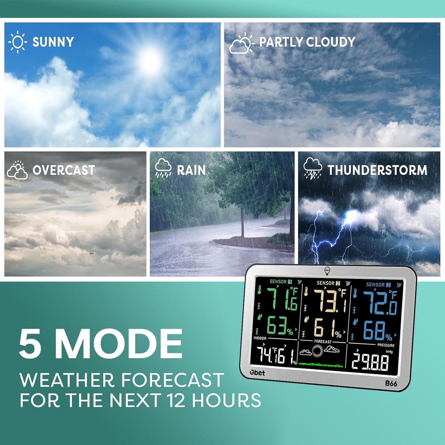 Weather Stations with 3 Sensors Indoor Outdoor Thermometer Wireless Large Display Adjustable Backlight with 500 feet Range Silver