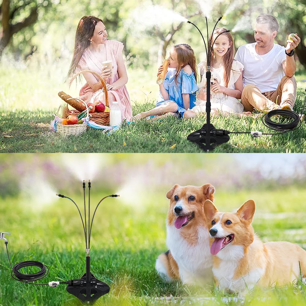 UR Forest Updated Standing Misting Cooling System 26FT Misting Line + 4 Brass Misting Nozzles,4 Height Option, Stand Mister Hose for Outside Outdoor Patio, Pet Cooling, Kids Water Playing
