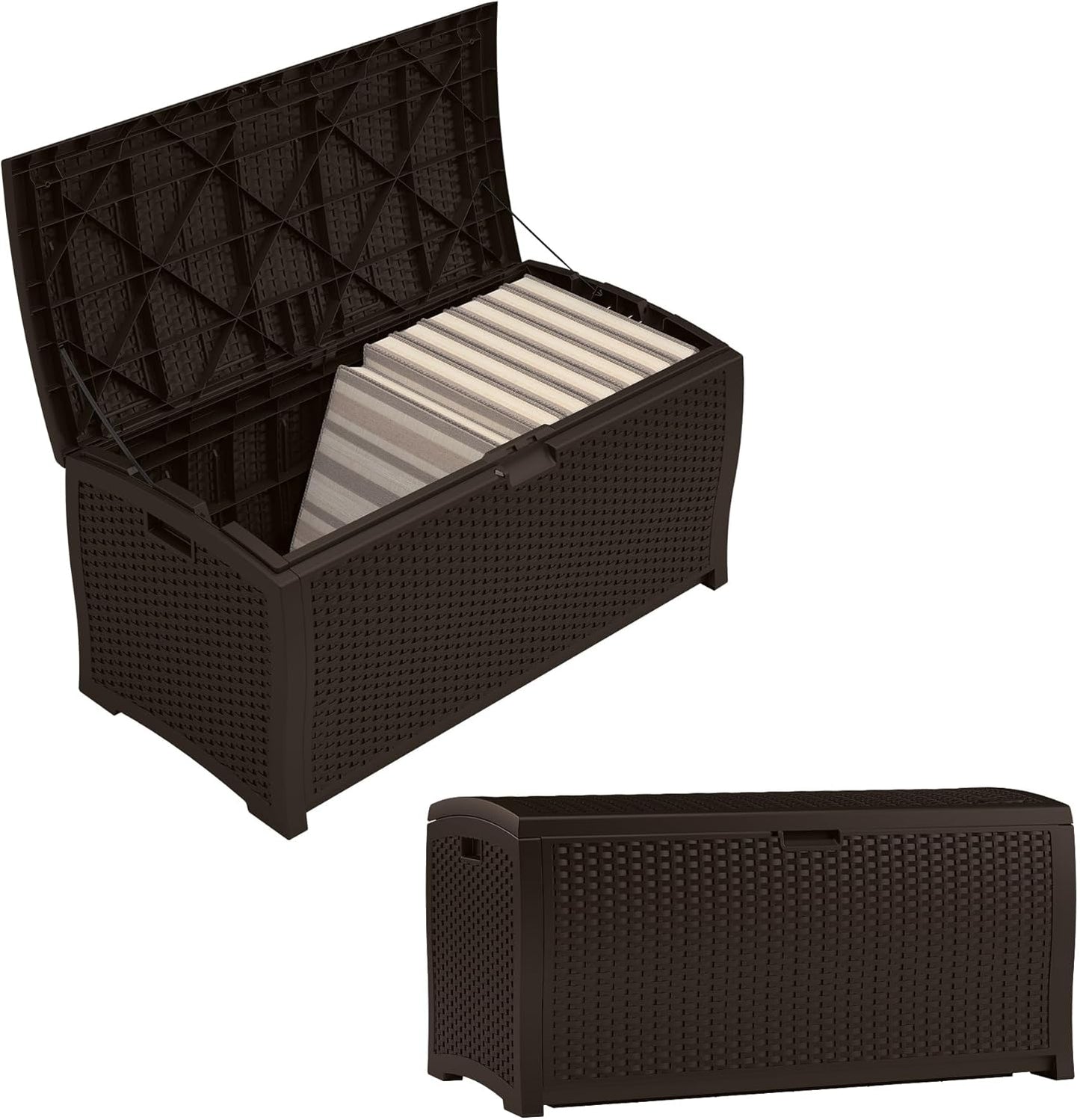 Suncast DBW9200 99 Gallon Outdoor Wicker Plastic Patio Storage Chest Bin with Handles for Patio, Garden, Garage, or Pool for All Weather, Mocha