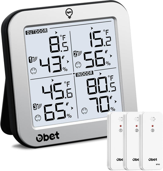 OBET Indoor Outdoor Thermometer Wireless with 3 Sensors Weather Station Temperature Humidity Monitor 500ft Range and Adjustable Backlight and Min Max Data Silver