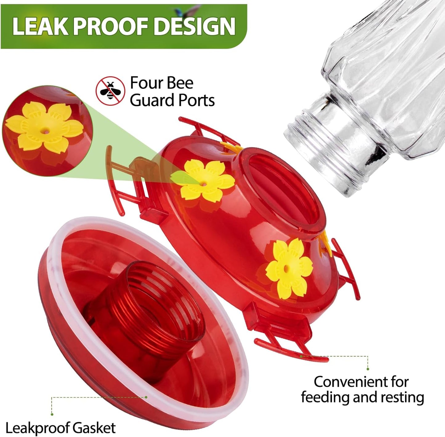 BOLITE Glass Hummingbird Feeders for Outdoors Hanging, Built-in Ant Moat, 4 Bee Guard Feeding Ports with Perches, Leak Proof, 15 Ounces, Stars Decor, Red, Gifts for Women Men, Gifts for Mom Dad